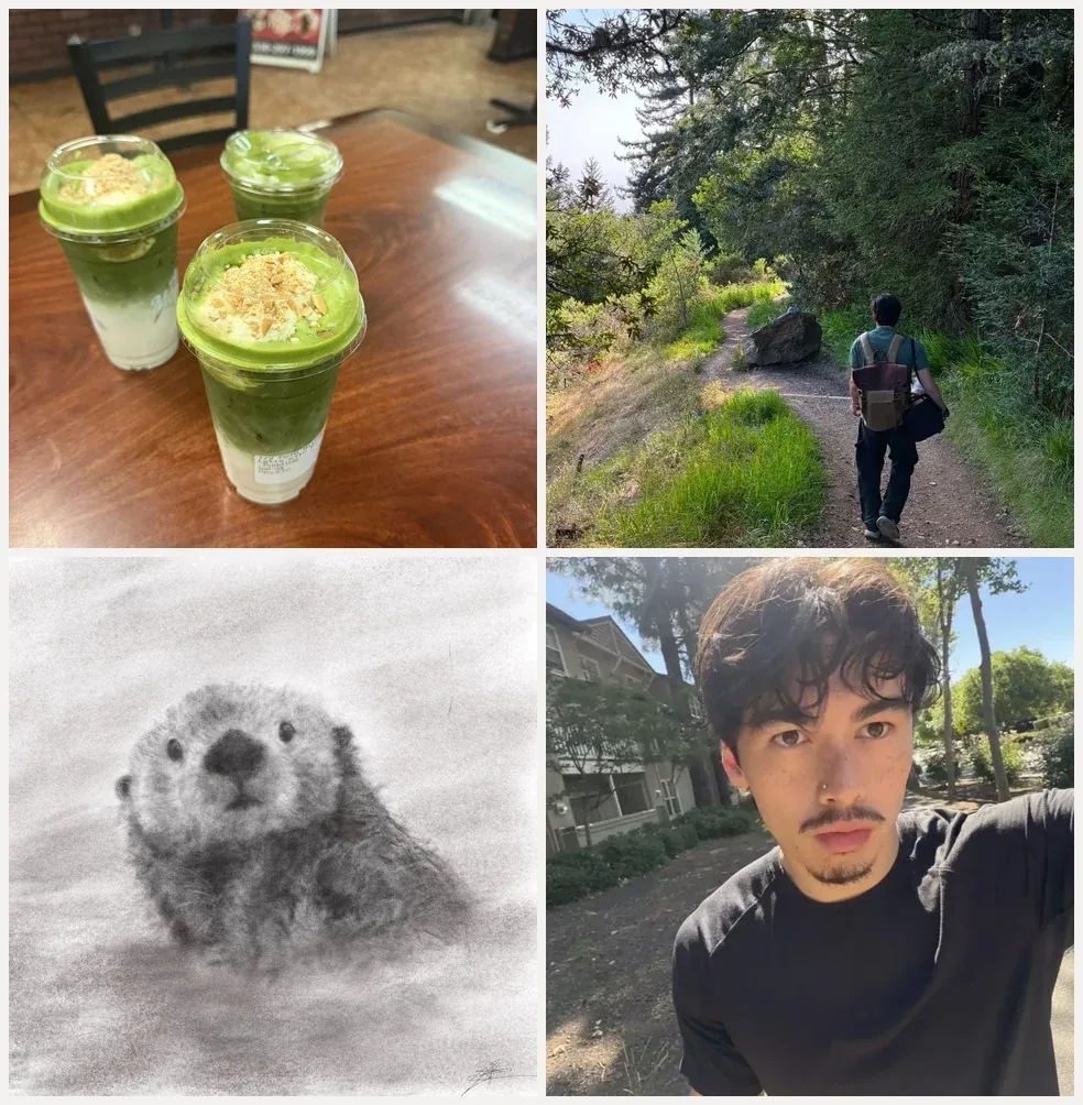 A four-panel grid of Jayden Betts off the clock: iced matcha, hiking a trail, a charcoal otter drawing, and a selfie
