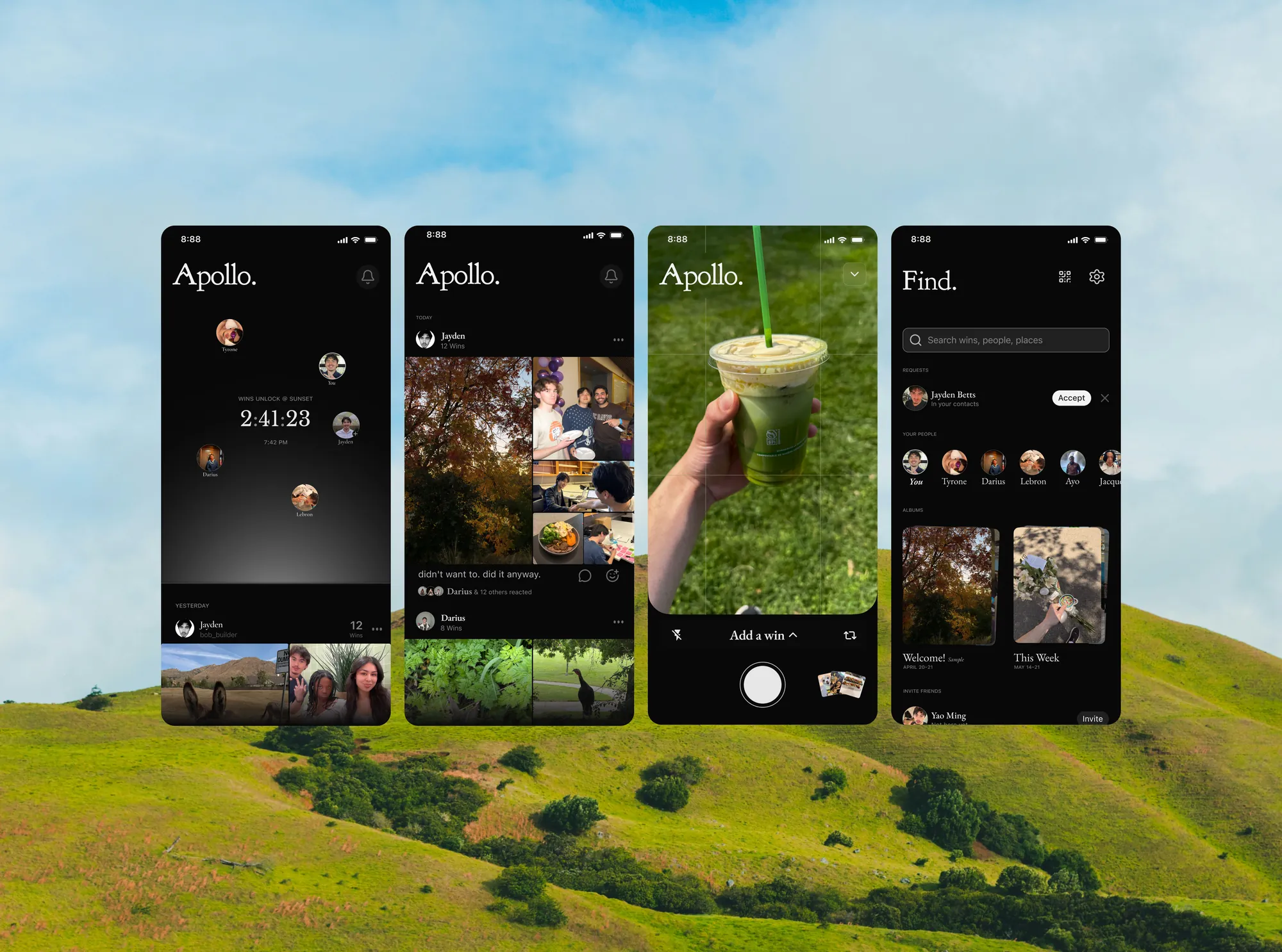 Apollo shown across four iOS screens: the camera, the feed of daily wins, a profile, and North.