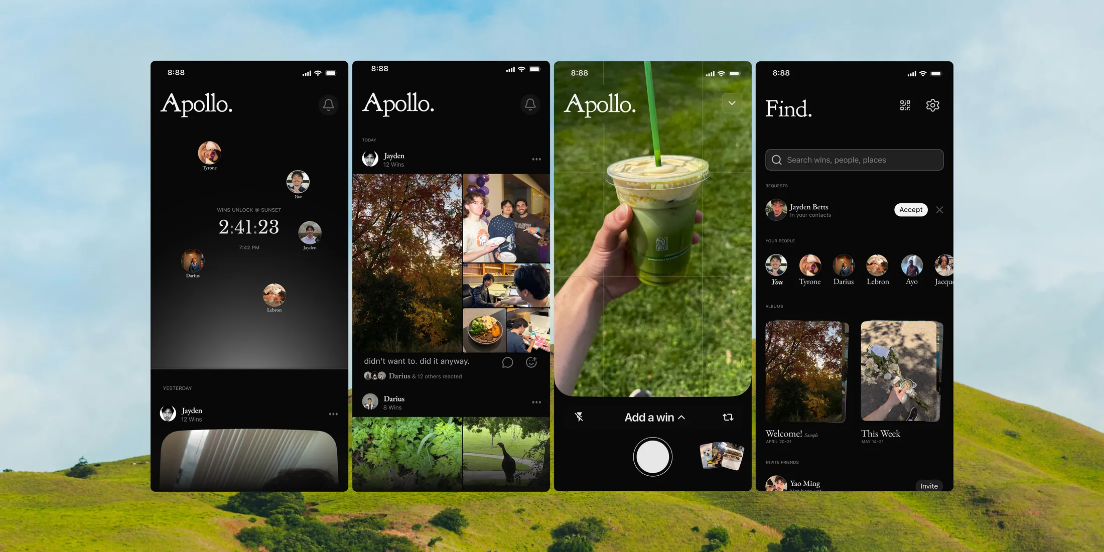 Apollo — a social app for celebrating wins, shown across four iOS screens over rolling hills