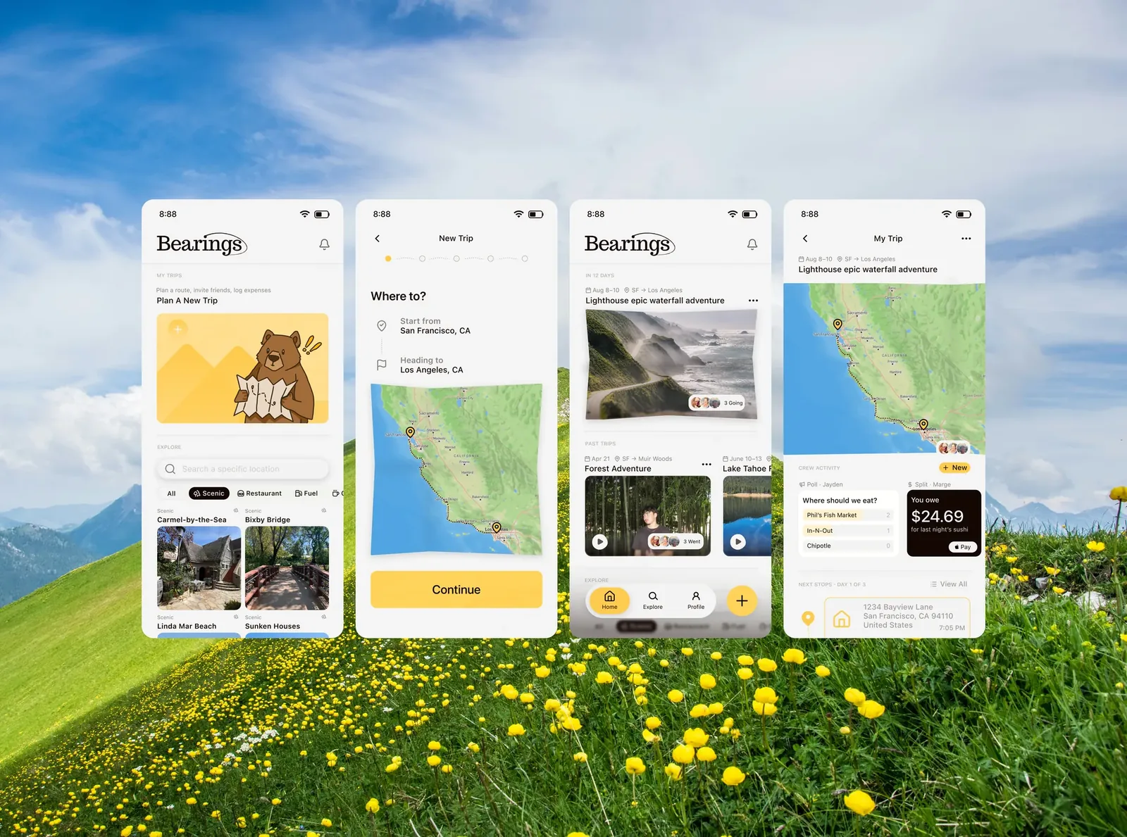 Bearings shown across four iOS screens on a wildflower meadow: planning a new trip with the bear mascot, choosing a route, the home feed of saved trips, and the live trip hub with map and crew activity