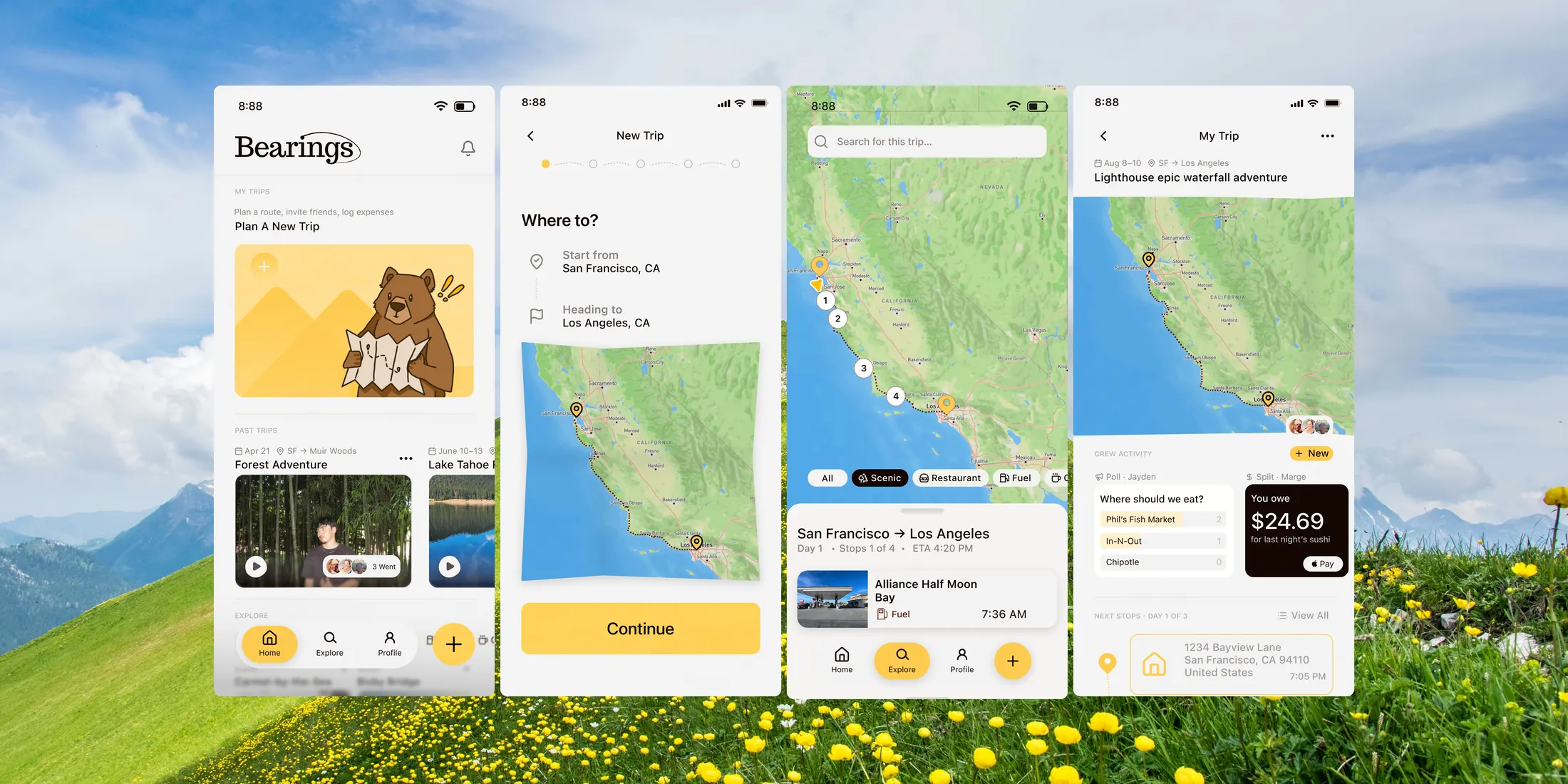 Bearings — a group road-trip planner shown across four iOS screens over a wildflower meadow