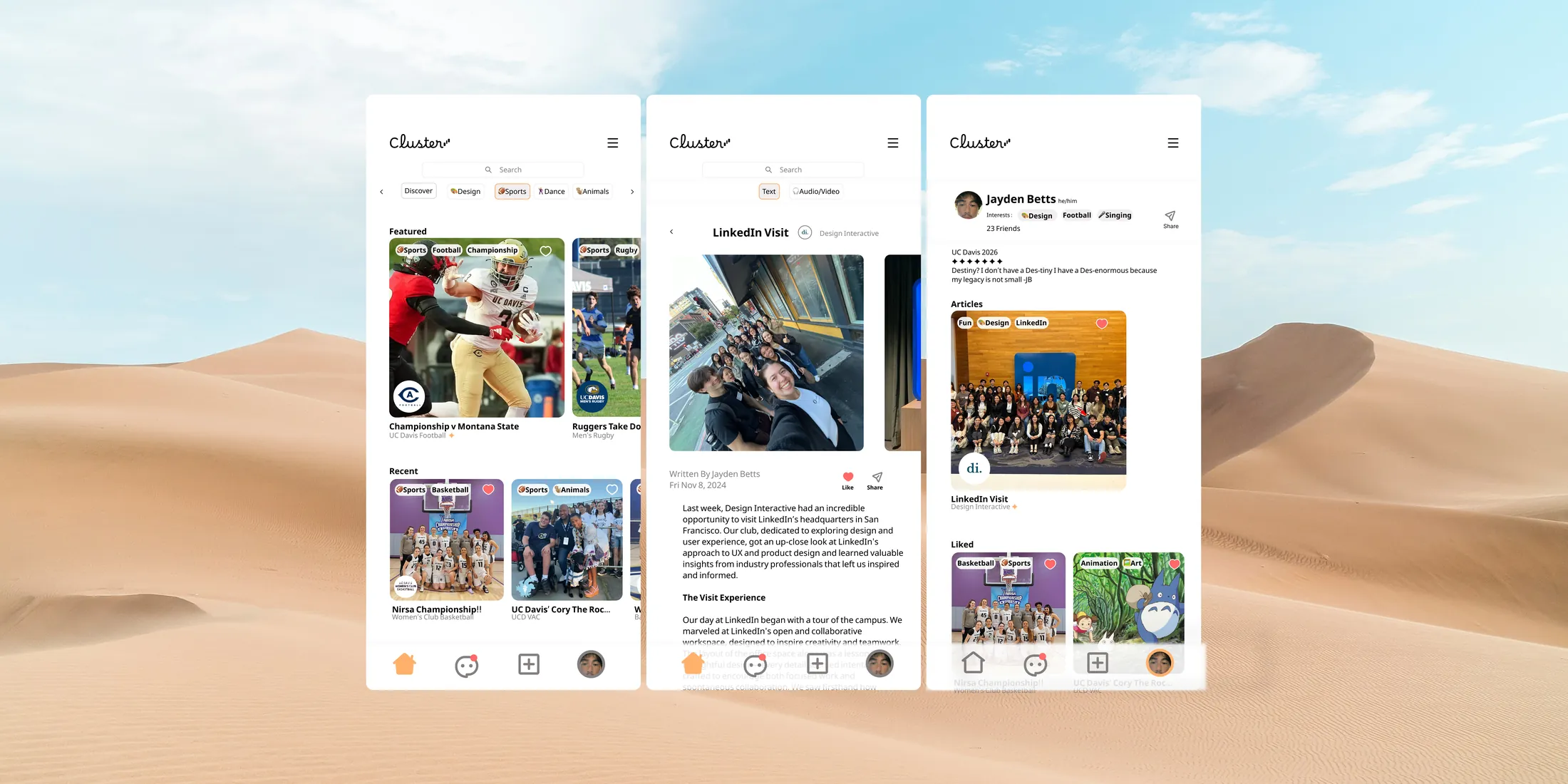 Cluster — a campus interest-and-clubs social app, shown across three iOS screens over a forest