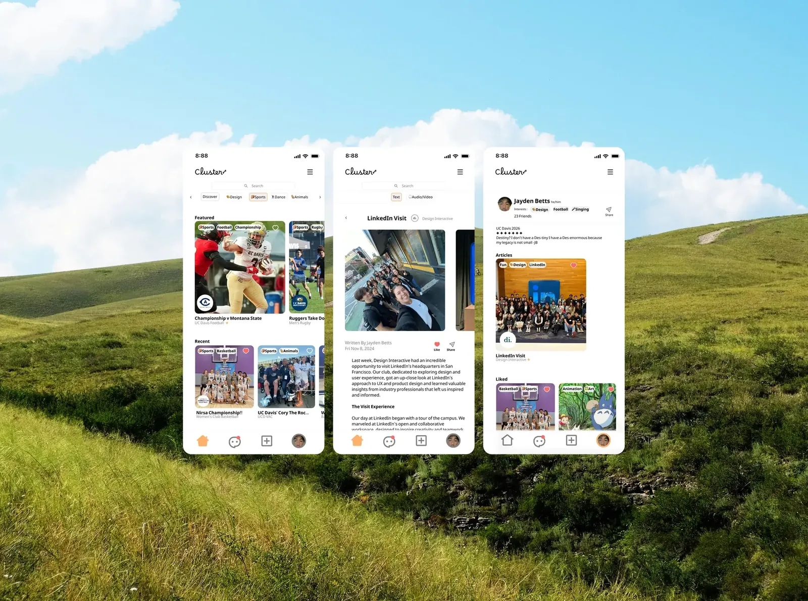 Cluster shown across four iOS screens: the discover feed, a club profile, messaging, and posting.