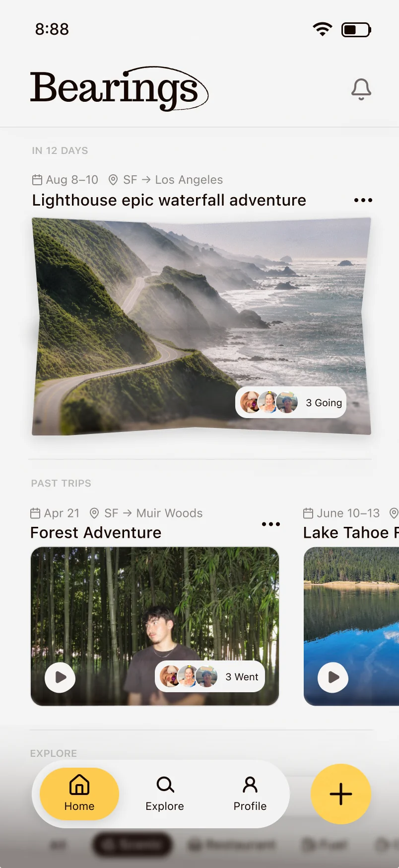 The home screen with the new trip on top and past trips below.