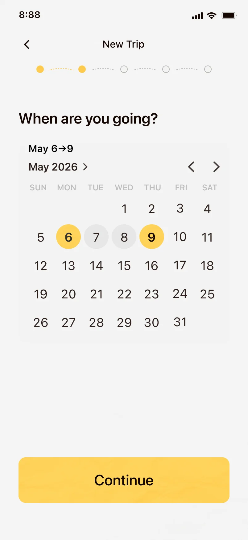 Step two: May 6 to 9 picked on one shared calendar.