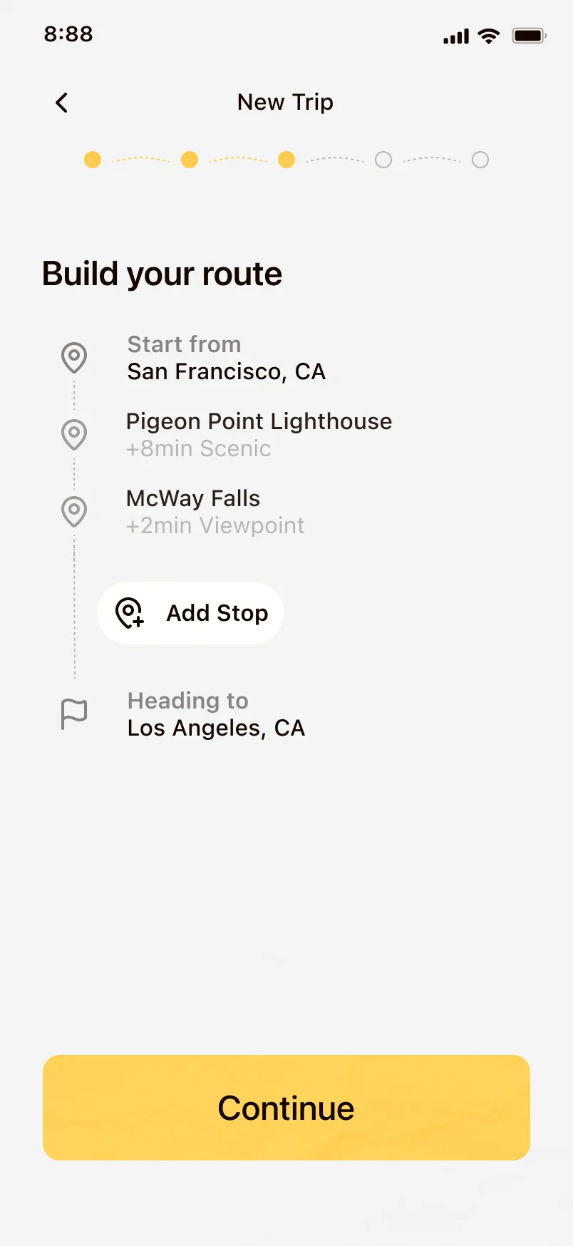 Step three: stops added with their detour cost shown in minutes.