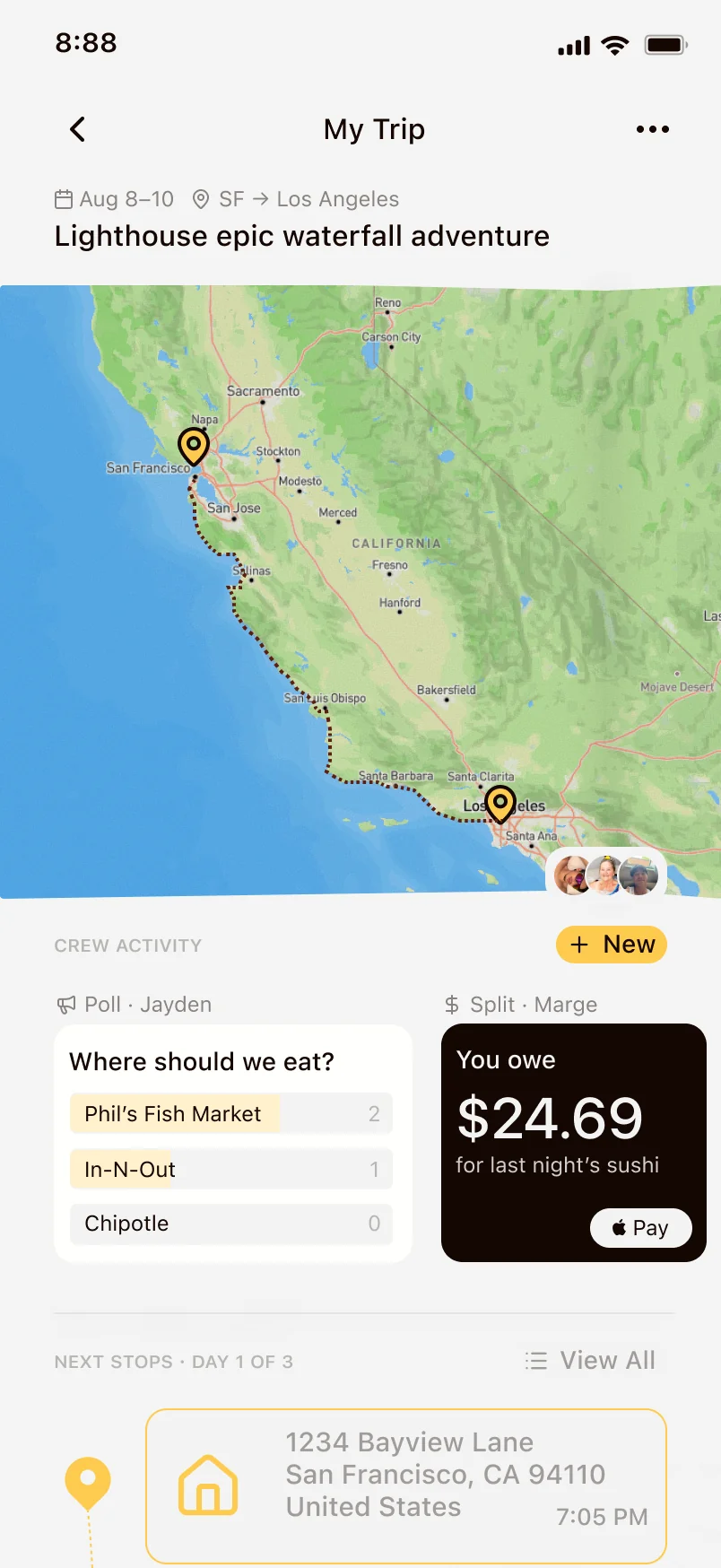 The Bearings trip page: shared route map, a group vote on where to eat, and expenses split down to $24.69 owed to Phil&rsquo;s Fish Market.