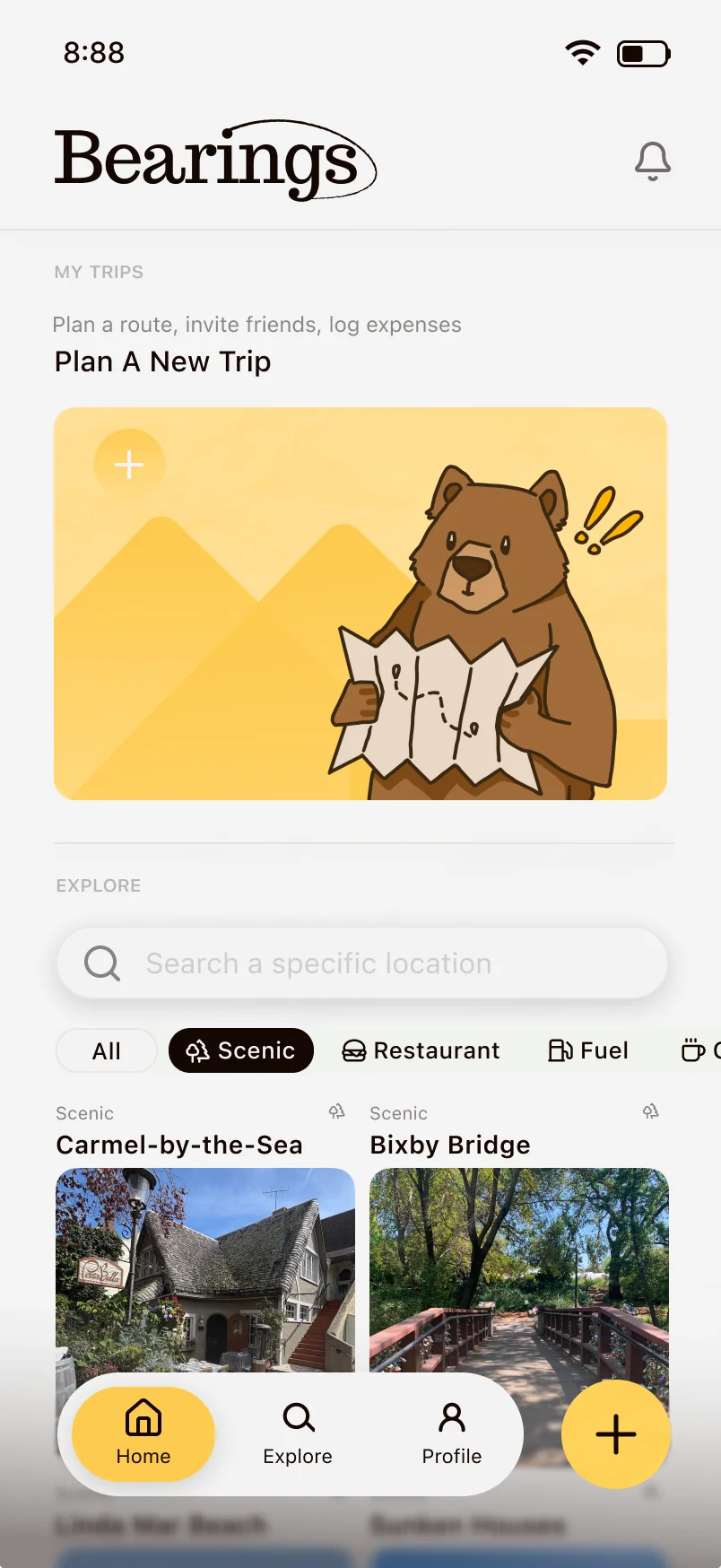 The Bearings home screen after onboarding, showing Plan A New Trip with a bear illustration and personalized scenic stop suggestions.