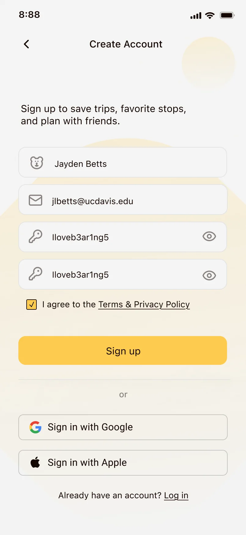 The Bearings create-account flow: from a where-to-first prompt to a sign up filled with name, email, and password.