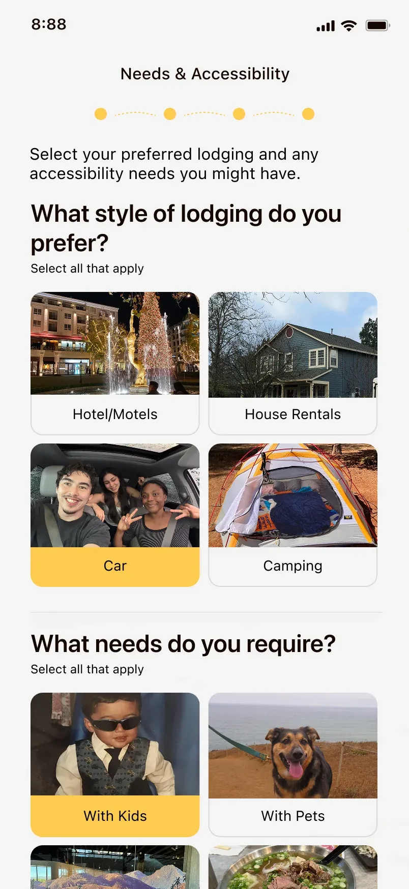 Onboarding needs and accessibility screen with lodging style and accessibility options selected.