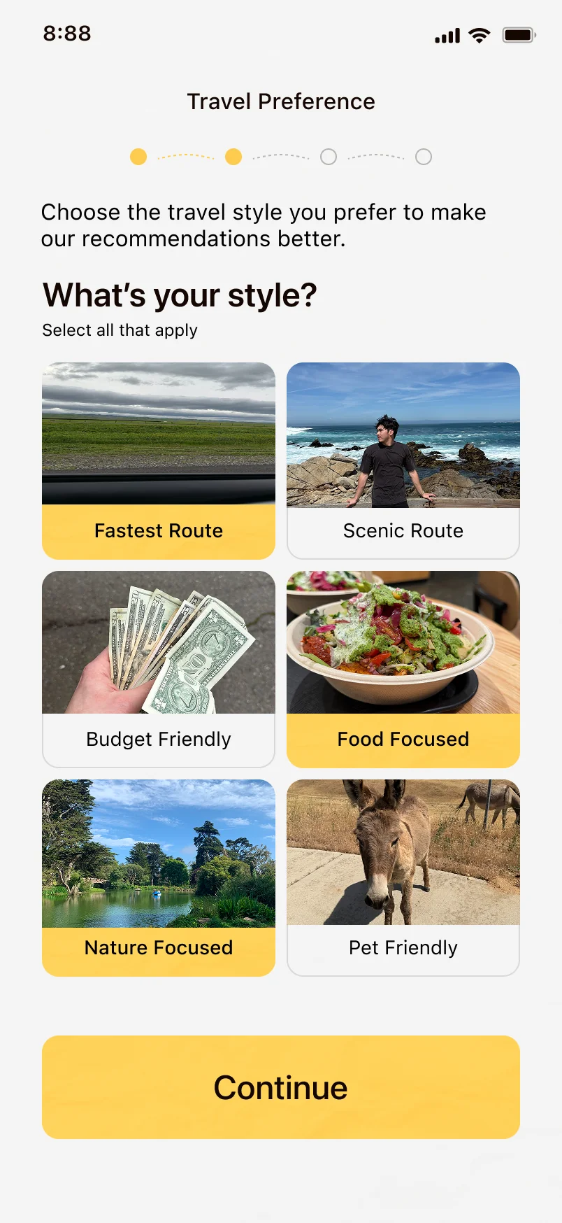 Onboarding travel style screen with selectable chips for fastest route, scenic, and nature preferences.
