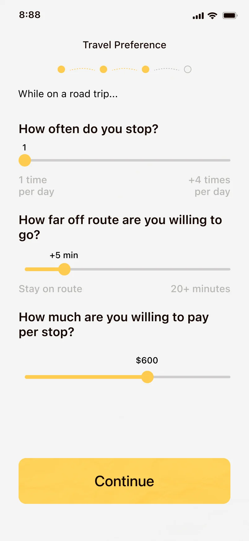 Onboarding stop preferences screen with sliders for how often to stop, how far off route to go, and gas budget.