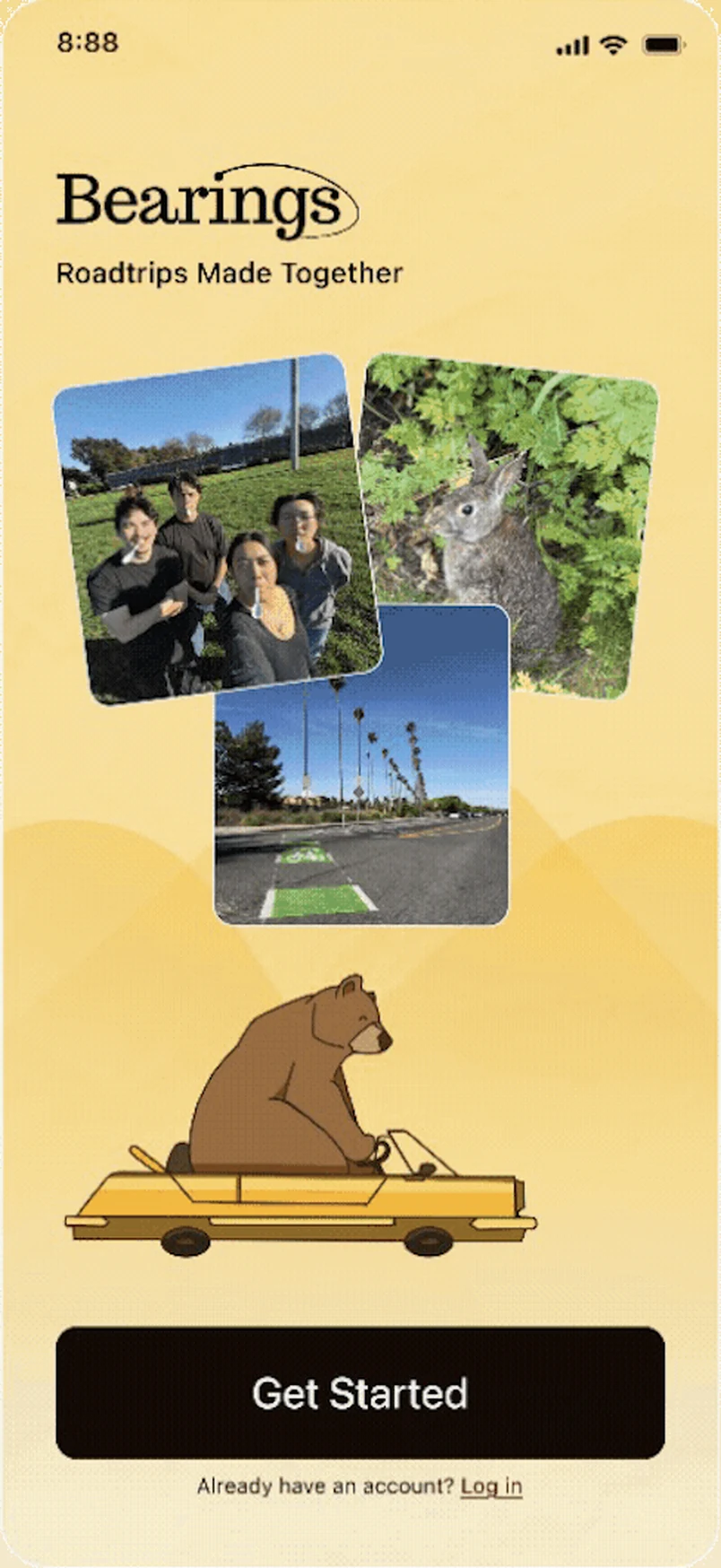 The Bearings welcome screen and its location prompt: Get Started, then allow location so nearby stops surface.