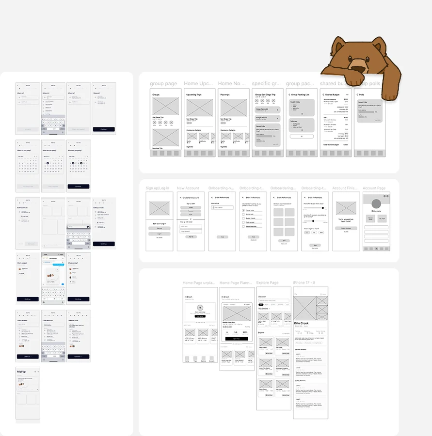 Low-fidelity digital wireframes of the Bearings flows.