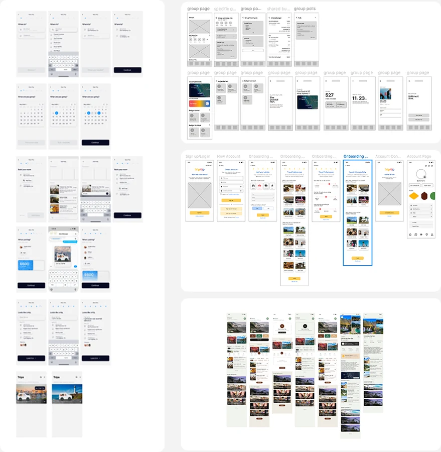 Mid-fidelity wireframes of the Bearings flows.