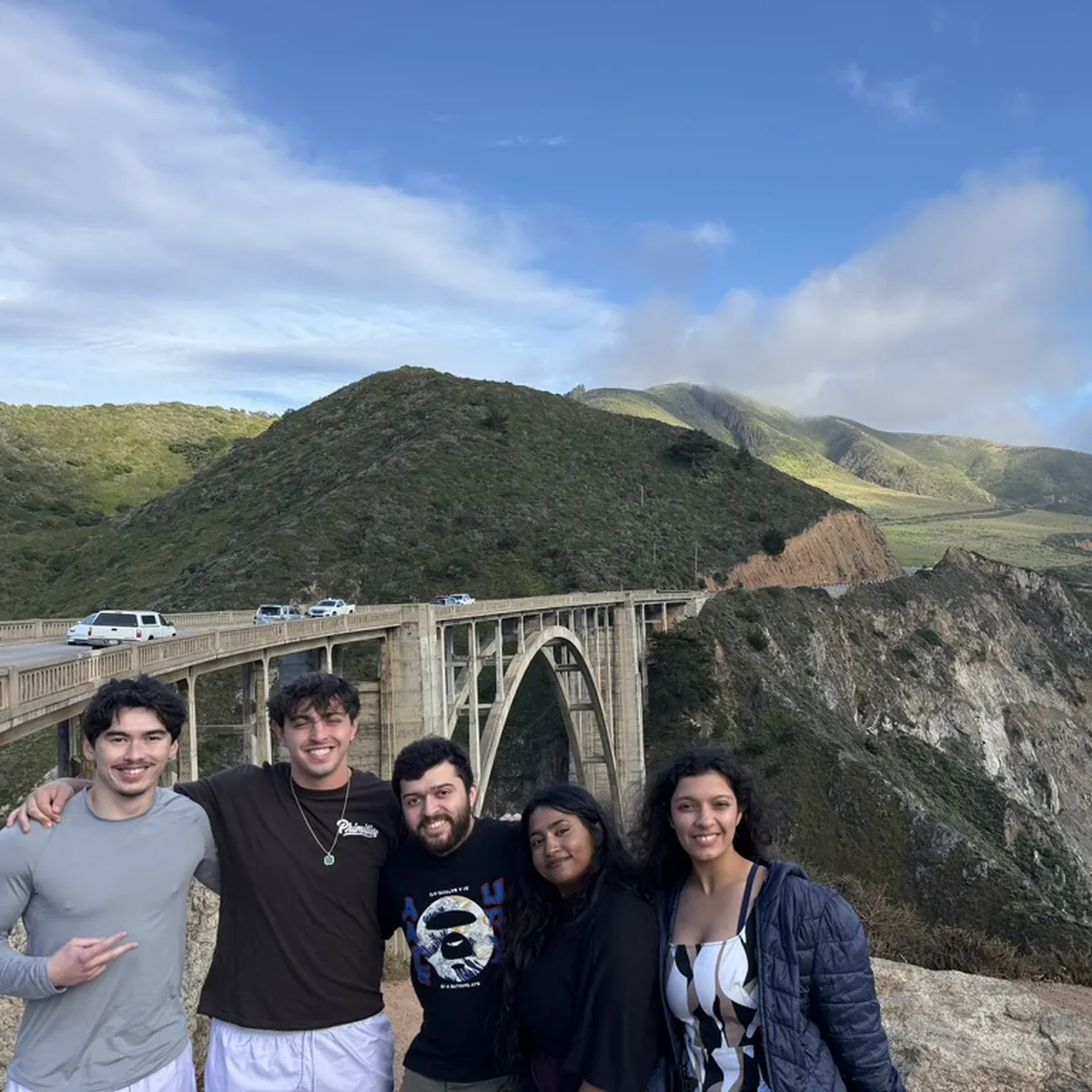 Jayden and friends at Bixby Bridge, Big Sur, on a road trip
