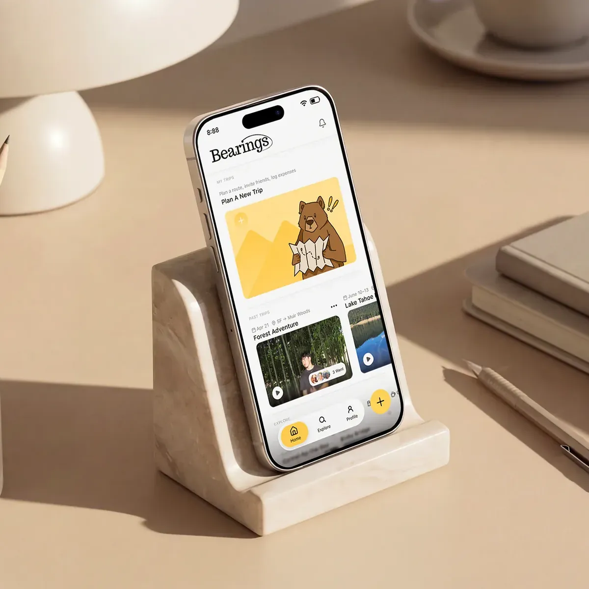 The Bearings app shown on a phone on a desk