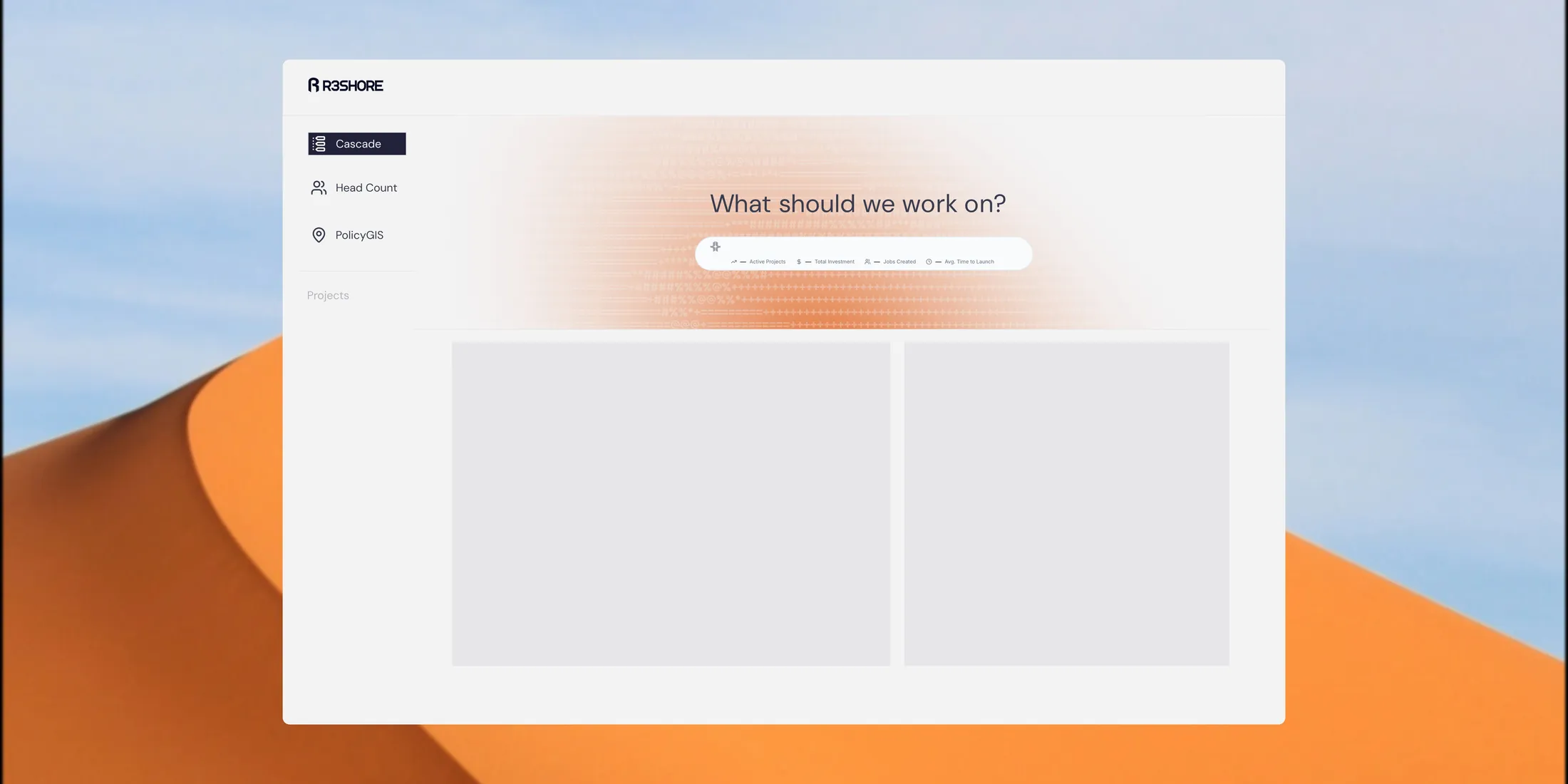R3SHORE — a coordination platform for American manufacturing, shown as a desktop web app over a desert dune