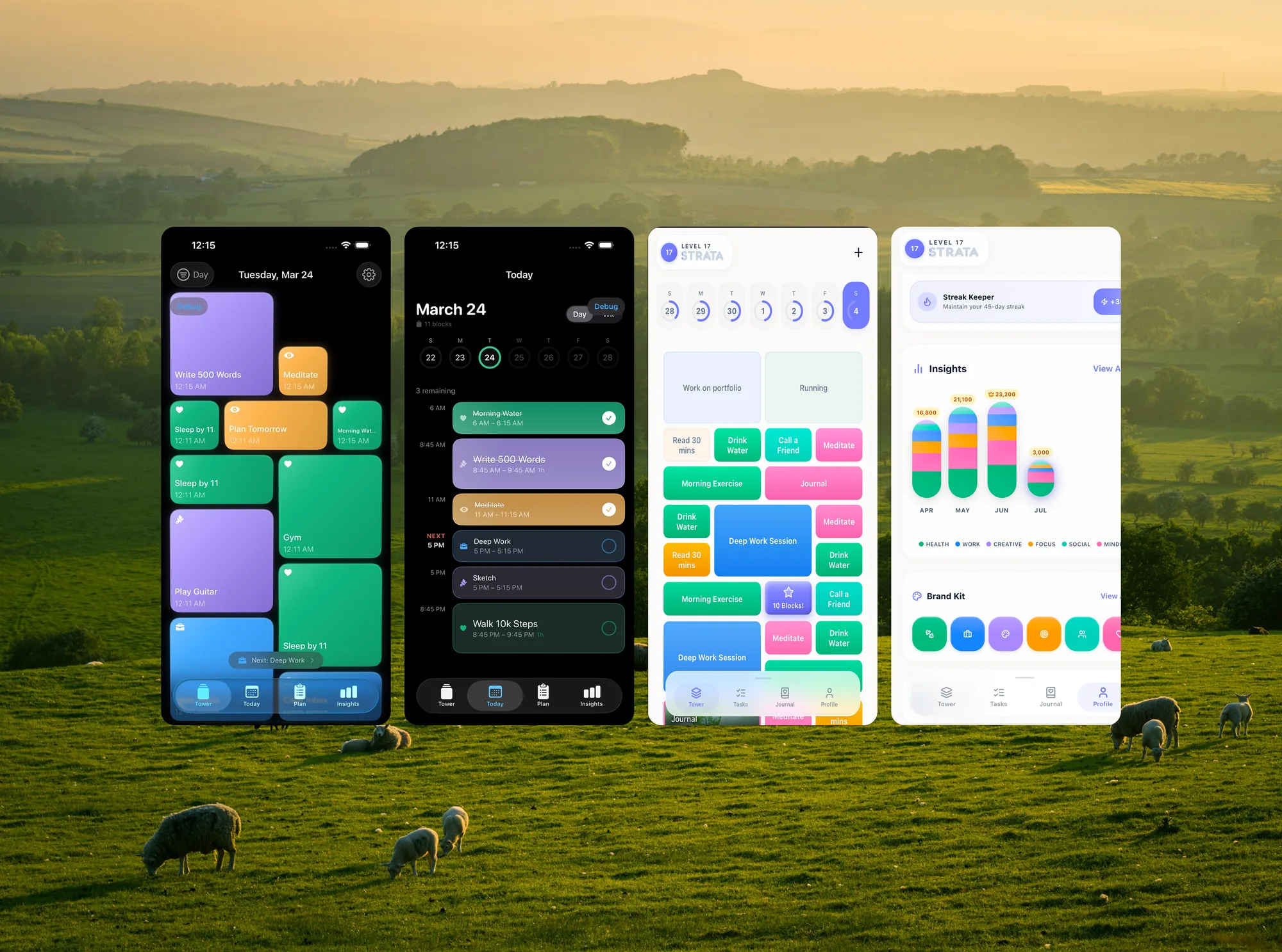 Strata across four iOS screens on a pastoral hillside: the block tower, the day timeline, the plan grid, and the insights dashboard.