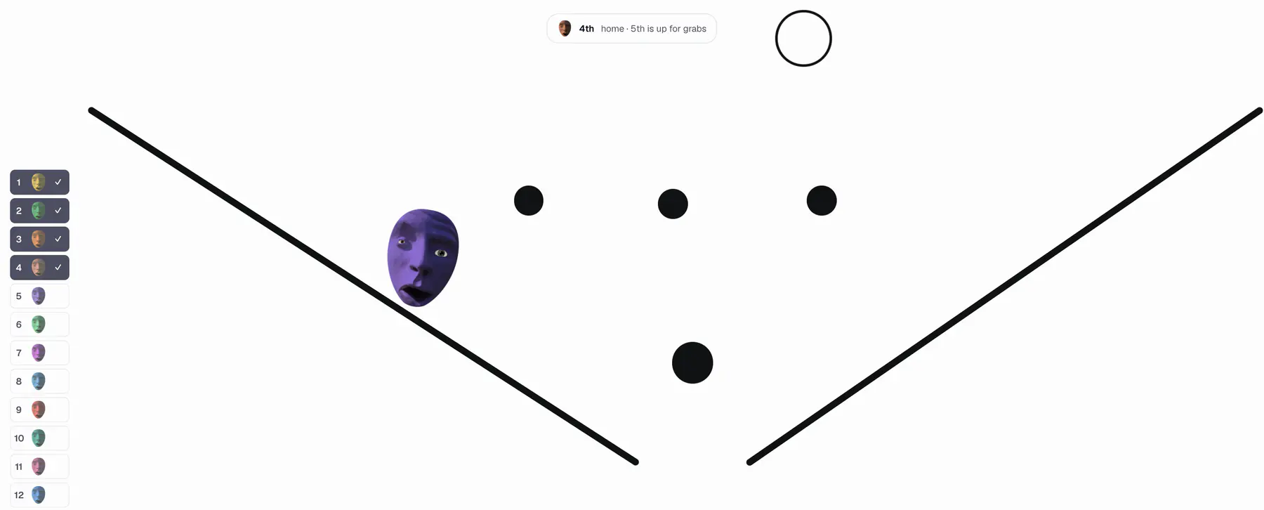 The end of a marble race: the first four racers checked off in the running order while the rest are still on the course.