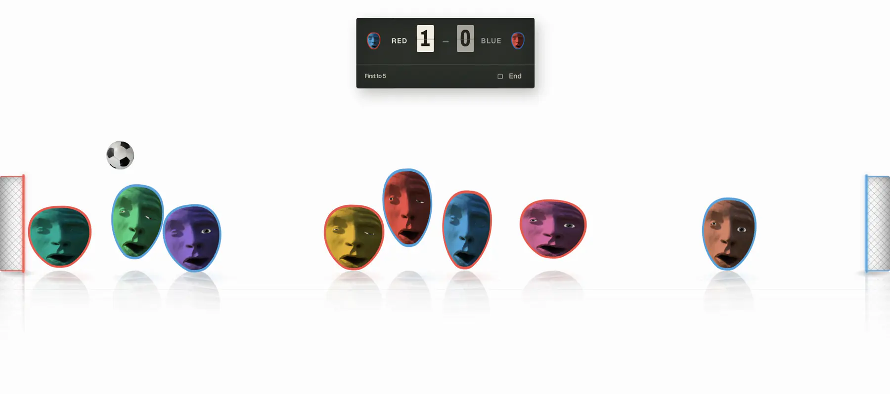 A match with the ball airborne between two groups of heads.