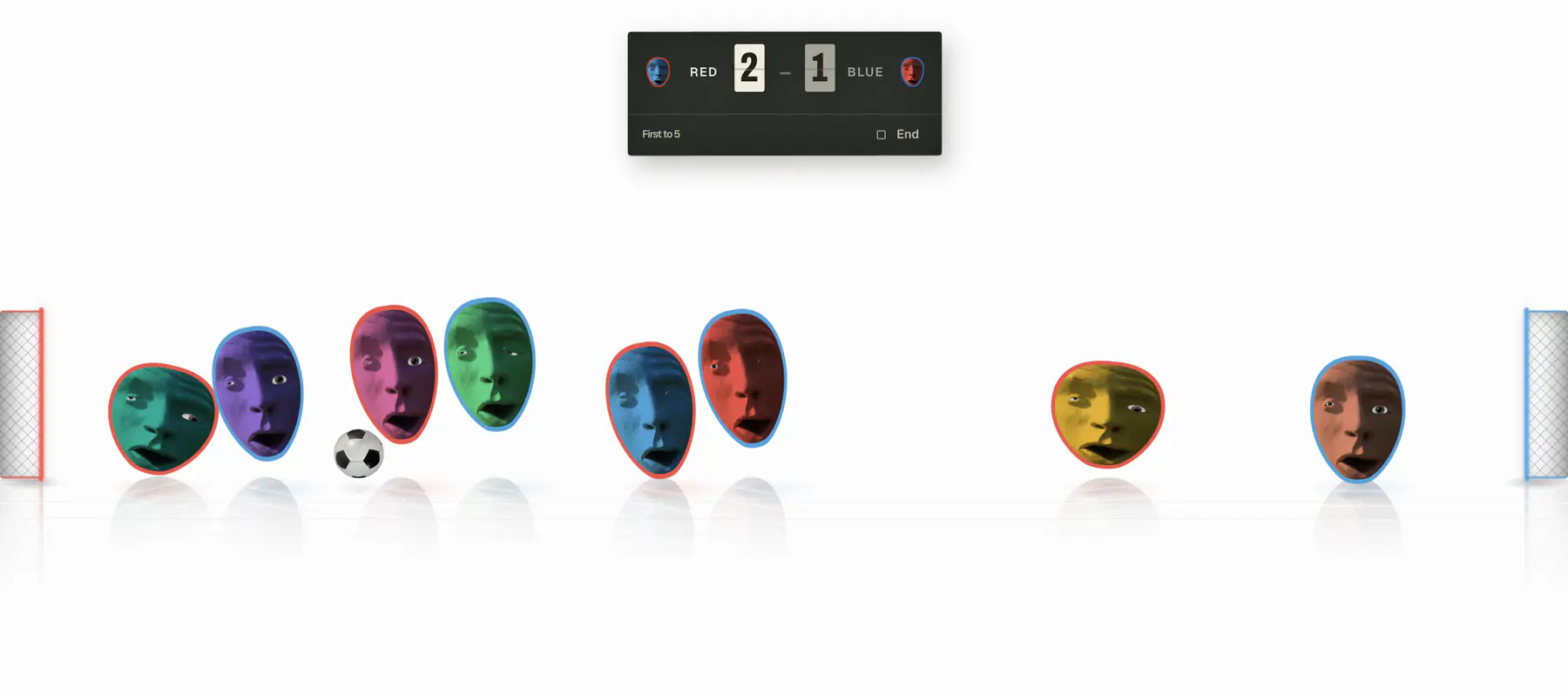 A match in progress: coloured heads packed around the ball near one goal, with the flip-card scoreboard above them.