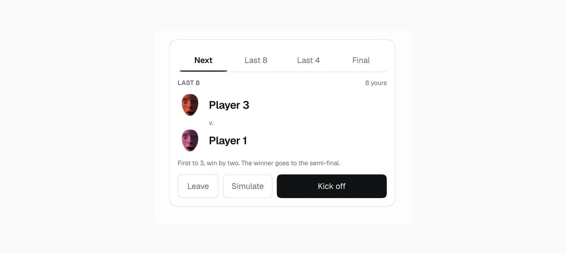The tournament panel: a tab row for the rounds, the next fixture between two heads, the match length, and Leave, Simulate and Kick off.