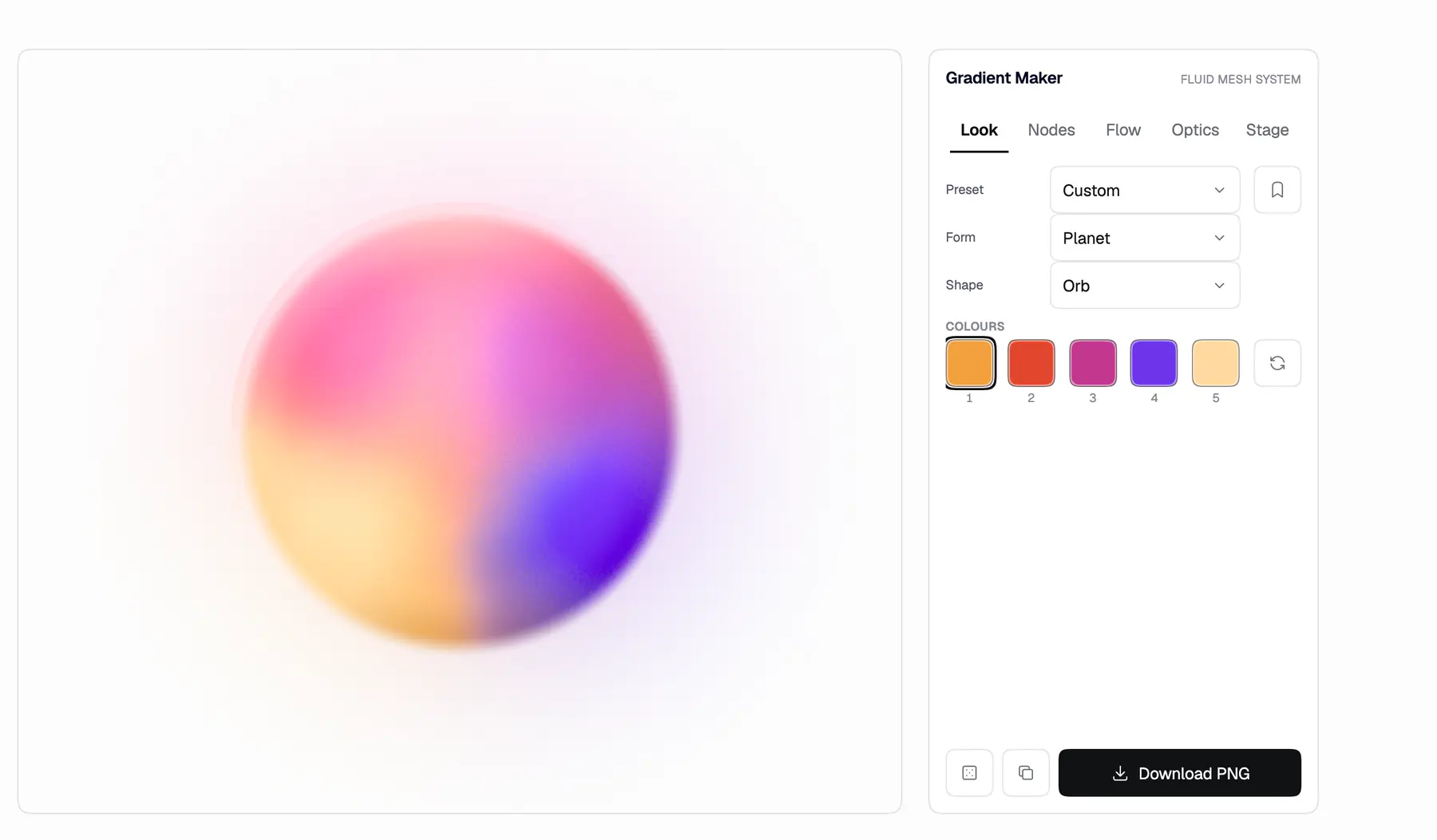 Gradient Maker at rest: a warm orb on a pale stage, with the Look tab open beside it.