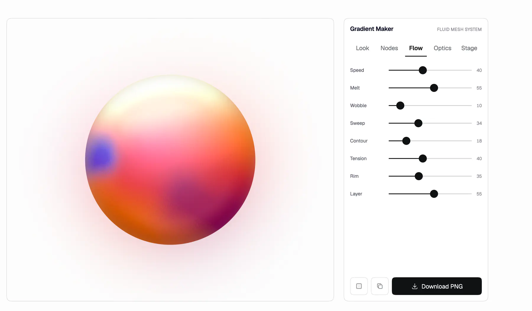 The Flow tab of Gradient Maker: eight sliders named Speed, Melt, Wobble, Sweep, Contour, Tension, Rim and Layer.