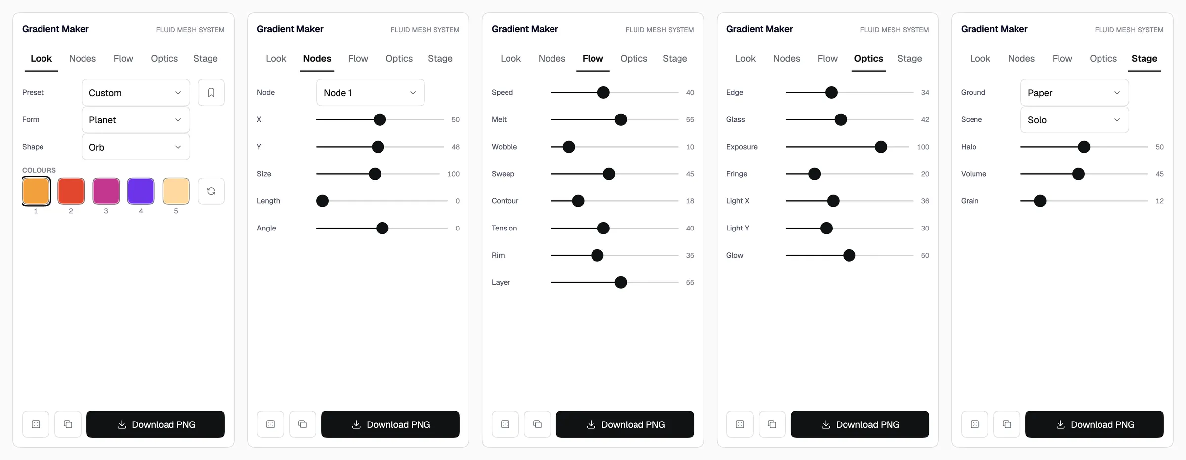 The five inspector groups of Gradient Maker side by side: Look, Nodes, Flow, Optics and Stage.