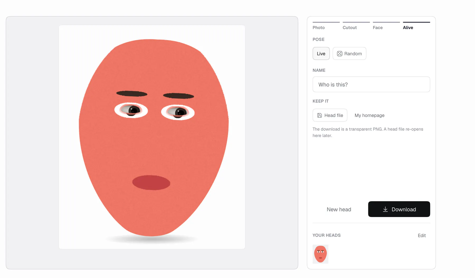 The final step of Head Maker: the living head with a name field, save options and a row of previously made heads.