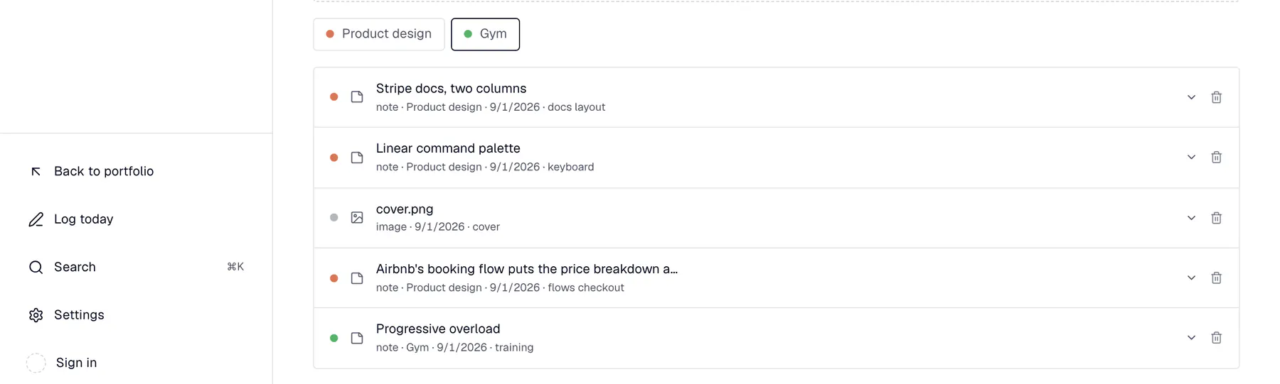 The Memory library in Workspace: kept notes and images filed under two areas.