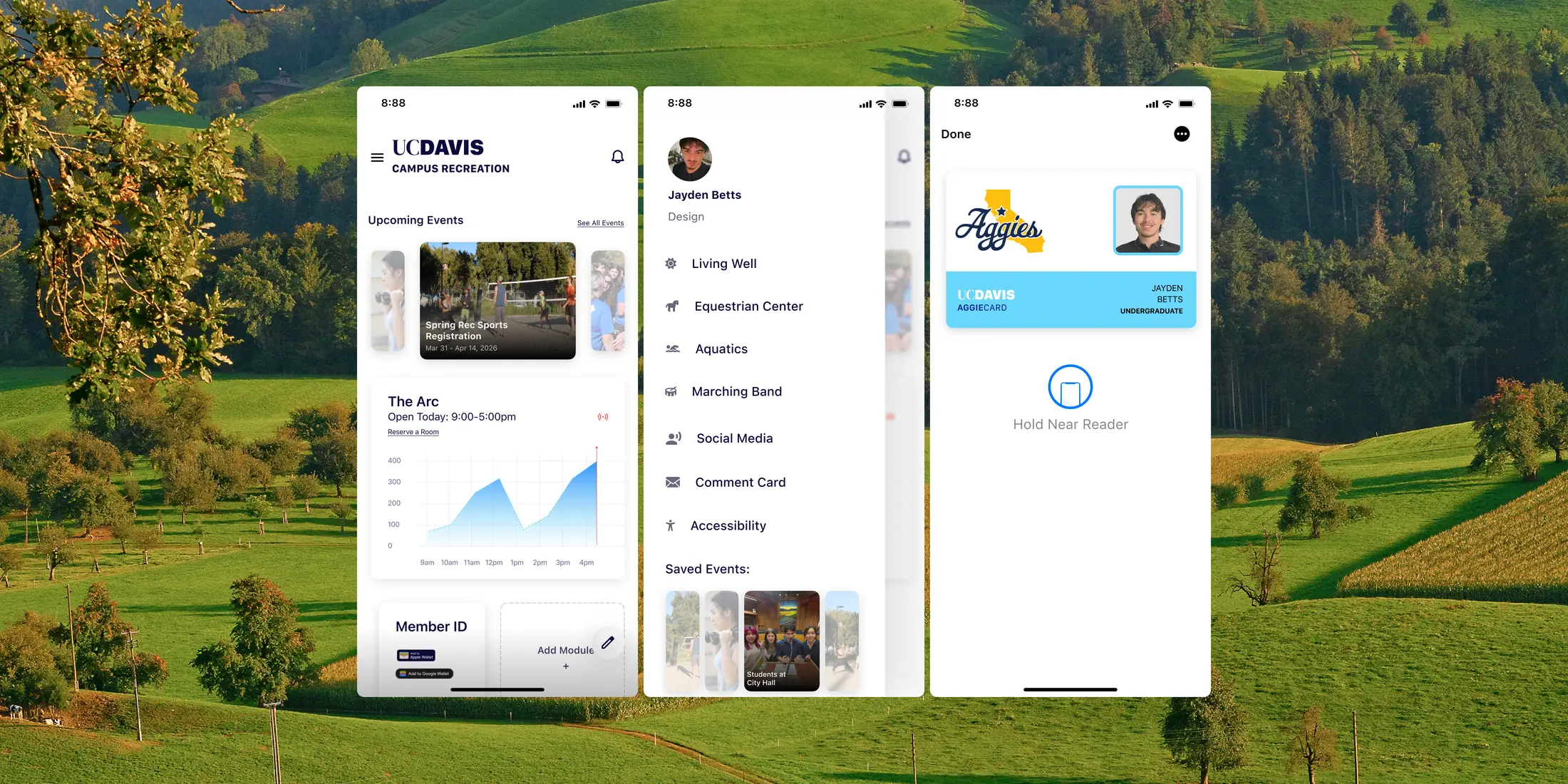 UC Davis Campus Recreation app redesign, shown across three iOS screens