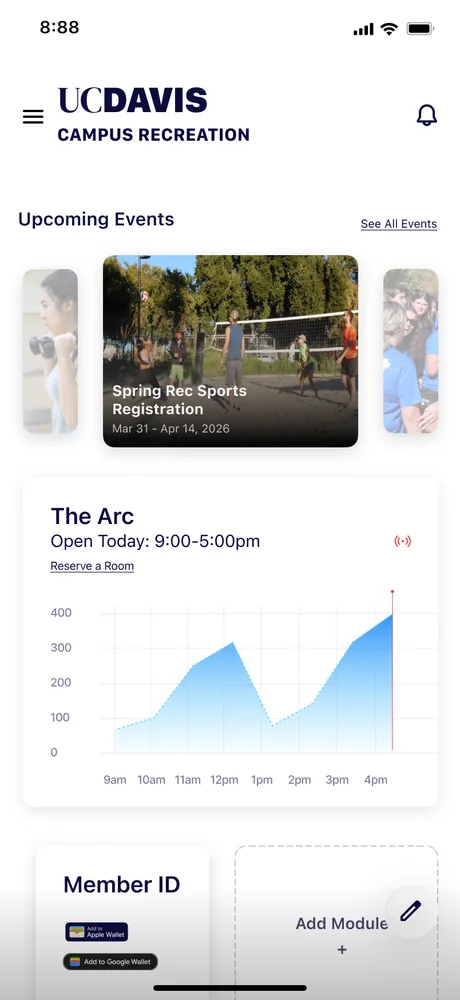 The redesigned home: hierarchy, events, live capacity, and the Member ID up top.