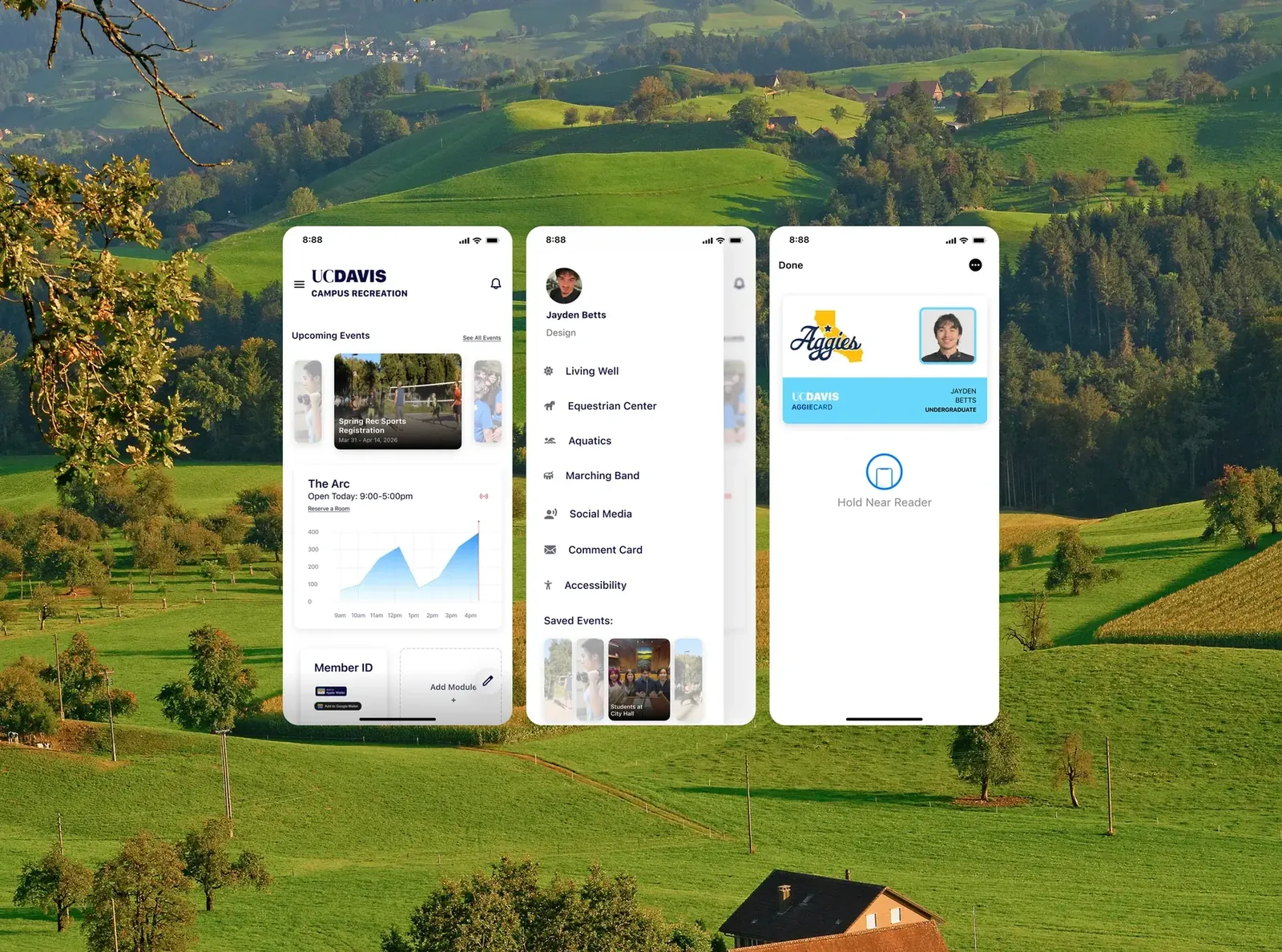 The redesigned UC Davis Recreation home screen: upcoming events, live hours, a Member ID, and customizable modules.