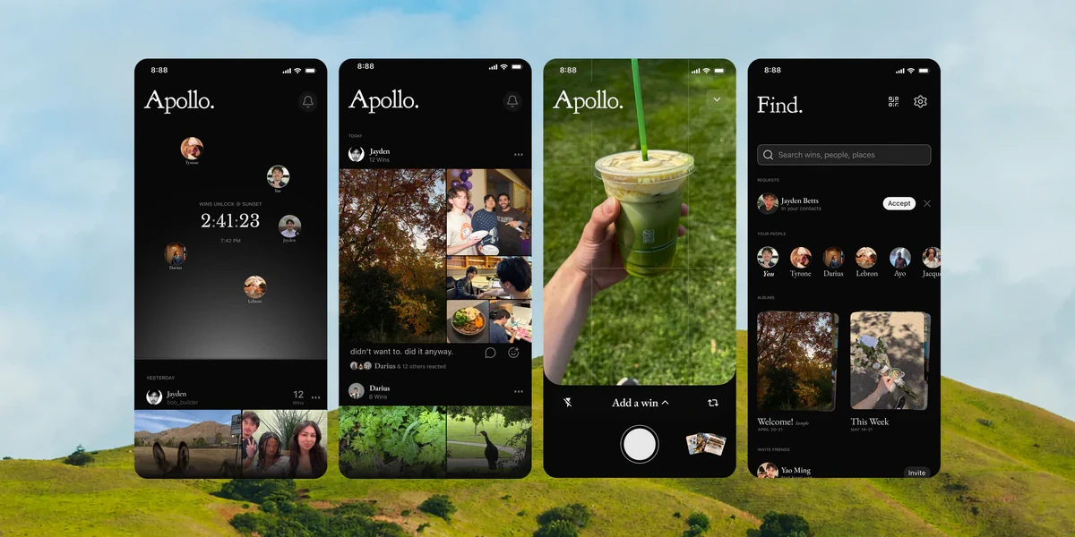 Apollo shown across four iOS screens: the camera, the feed of daily wins, a profile, and North.