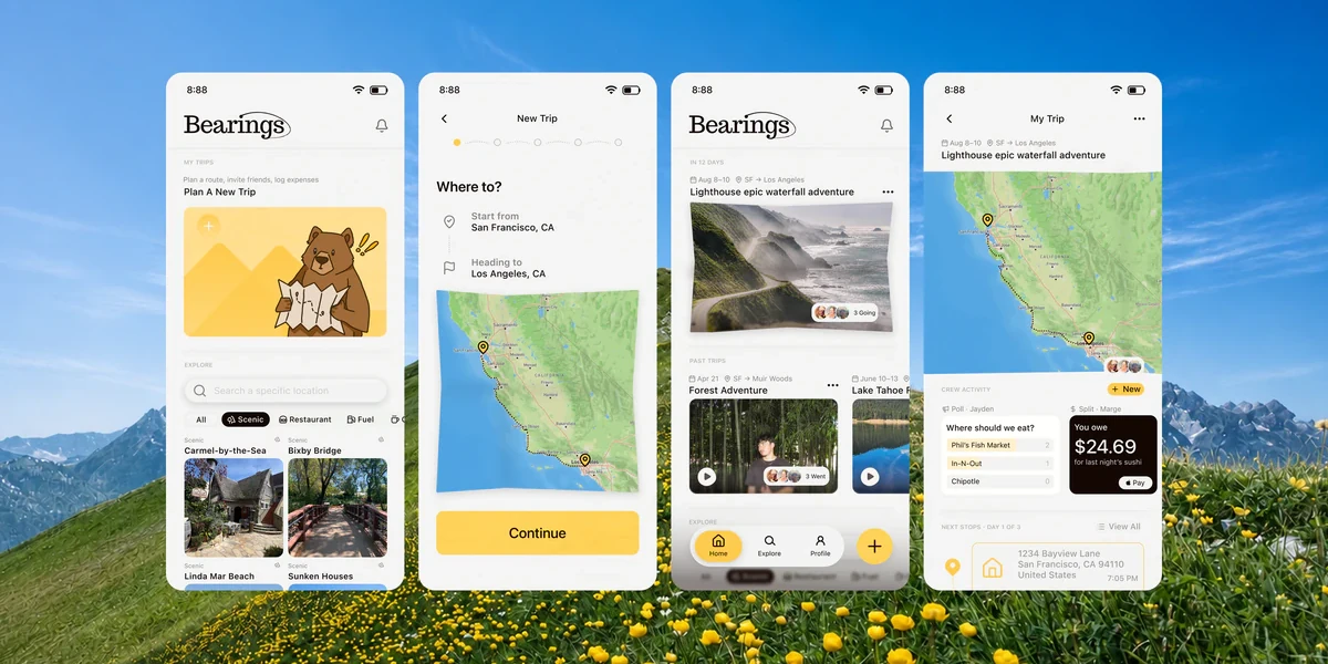 Bearings shown across four iOS screens on a wildflower meadow: planning a new trip with the bear mascot, choosing a route, the home feed of saved trips, and the live trip hub with map and crew activity