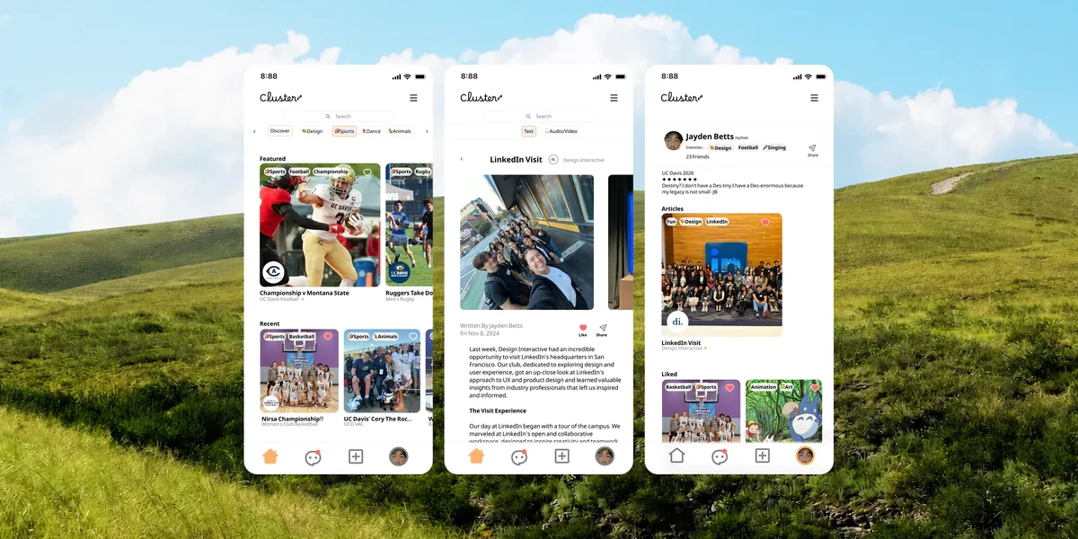 Cluster shown across four iOS screens: the discover feed, a club profile, messaging, and posting.