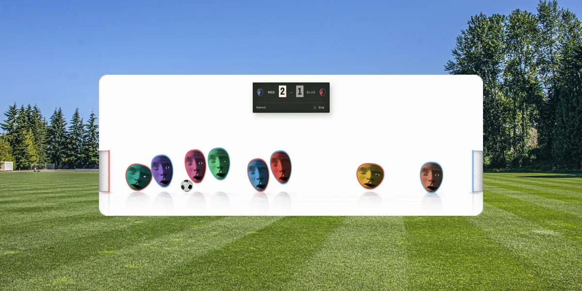 The cast of the games: a row of coloured cut-out heads standing under a large black and white portrait.