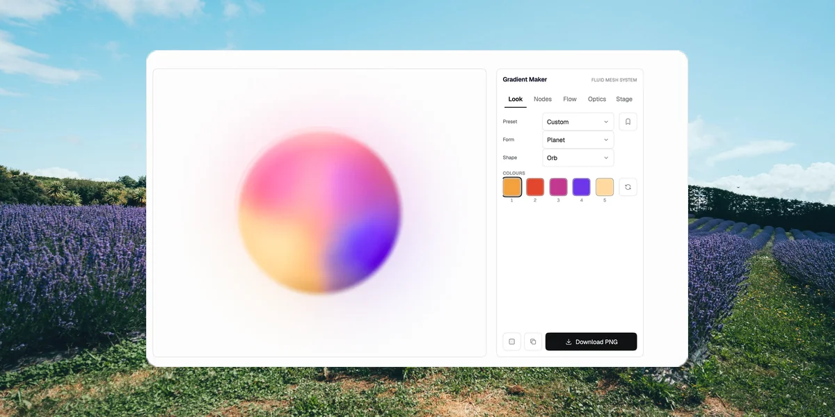 Gradient Maker: a large colour orb on a pale stage beside a five-tab control panel.