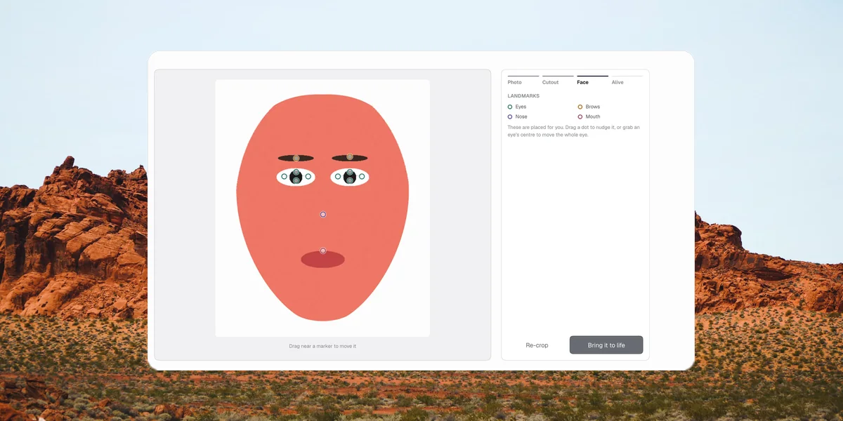 Head Maker across four steps: the photo drop, the cutout frame, the placed face landmarks, and the finished living head.