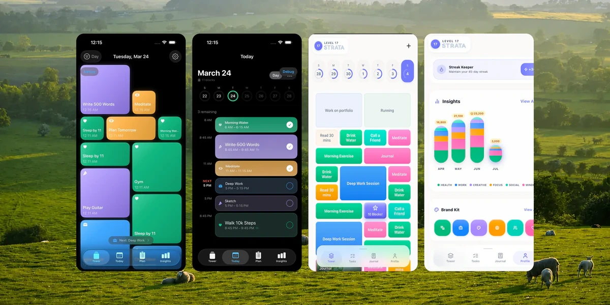Strata across four iOS screens on a pastoral hillside: the block tower, the day timeline, the plan grid, and the insights dashboard.