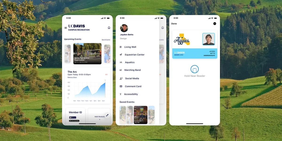 The redesigned UC Davis Recreation home screen: upcoming events, live hours, a Member ID, and customizable modules.