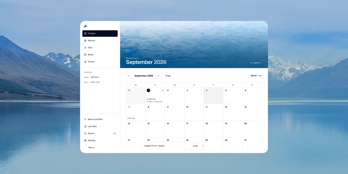 Workspace across four screens: the month timeline under its graded water band, the day sheet, the todo list and the memory library.