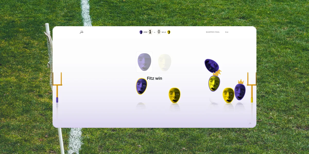 A Fantasy Draft Order quarter-final in play: the scoreboard reads one nil, cut-out heads in team colours chase a football between two sets of uprights, and the winners have picked up crowns.