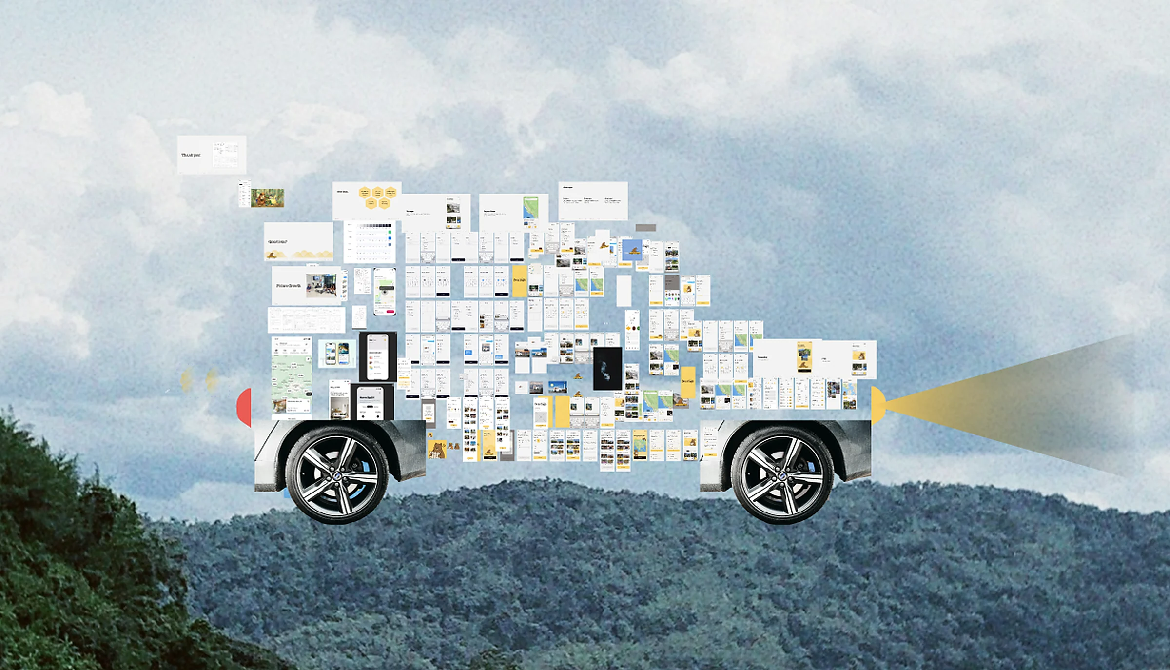 The project's design work, screens and prototypes, arranged into a car cruising over a mountain landscape.