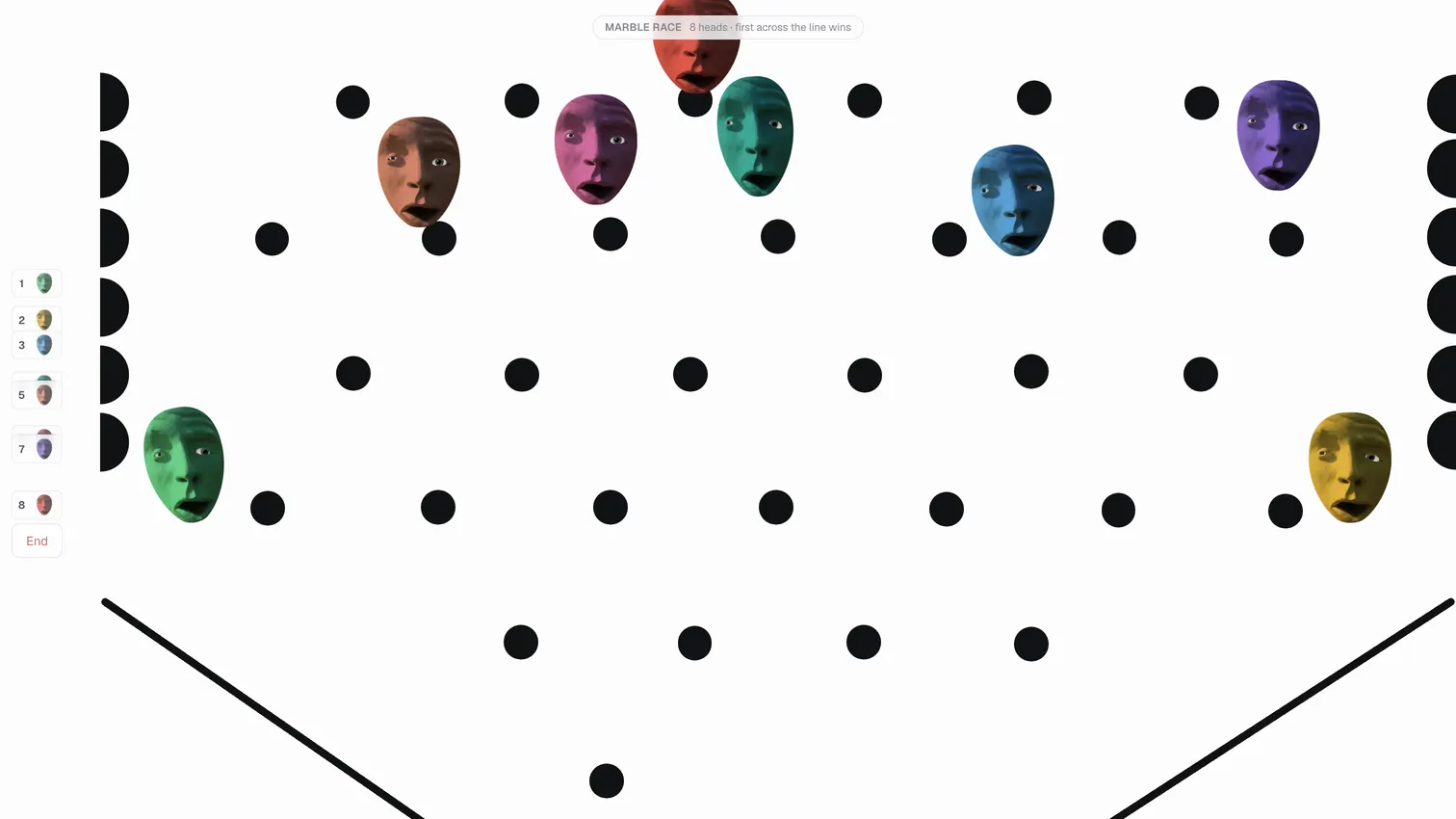 The same funnel after the fix, on the same wide screen: all eight heads are strung out right across the mouth of it, falling, with nothing queued above the slot.
